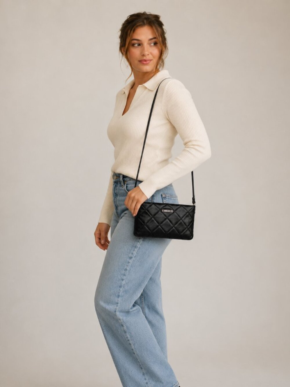 Michael Kors Webster Quilted Leather Wallet Crossbody Clutch Black